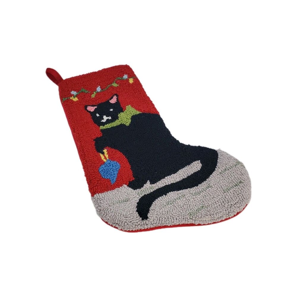 Vintage Black Kitty Cat Christmas Stocking Holiday Feline Excellent Condition